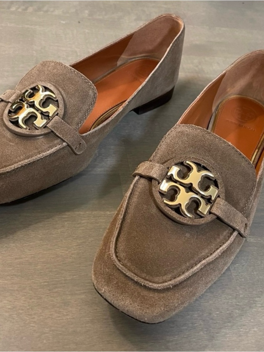 Tory Burch Taupe Suede Logo Medallion Loafers
